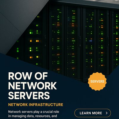 Row of Network Servers with LED Lights in a Modern Data Center