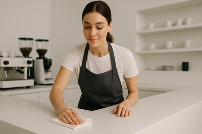 Barista Cleaning Counter in Modern Café Setting