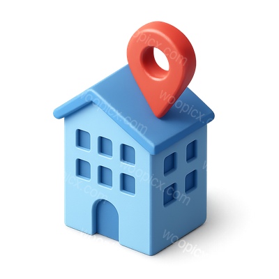 Stylized 3D Building Icon with Location Marker