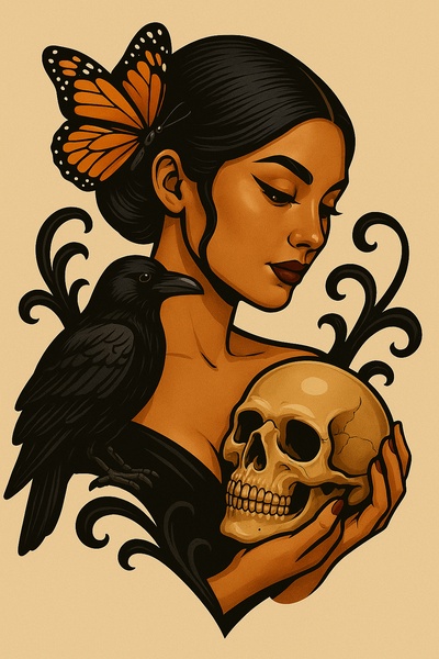 Stylized Tattoo Design Featuring a Woman with a Skull and a Raven