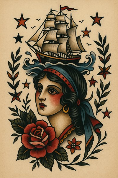 Traditional tattoo art featuring a ship and a woman's portrait