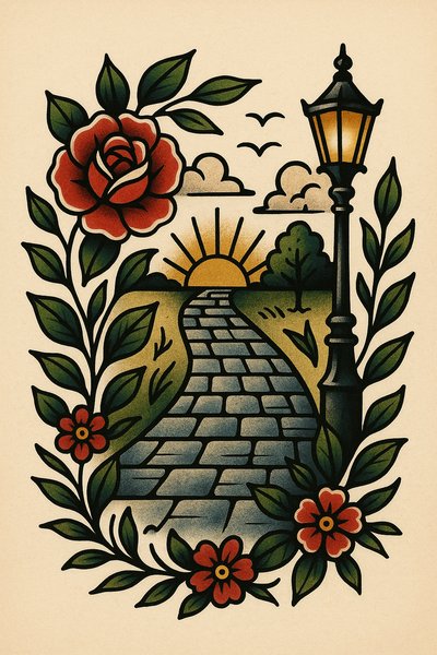 Colorful vintage landscape with flowers and streetlamp