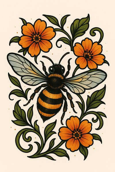 Illustrative Bee with Floral Elements in Vibrant Colors