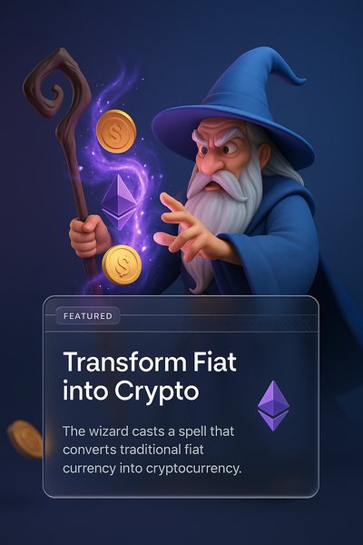 Wizard Casting Spell to Transform Fiat into Cryptocurrency