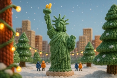 Crocheted Winter Liberty Scene with Statue of Liberty