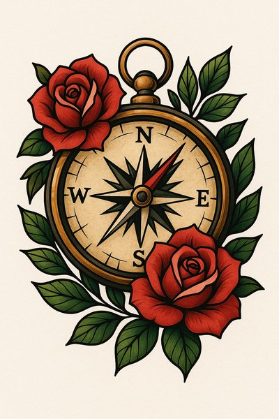 Vintage Compass with Roses Illustration