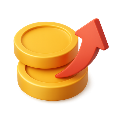3D Stacked Coins Icon with Arrow Design