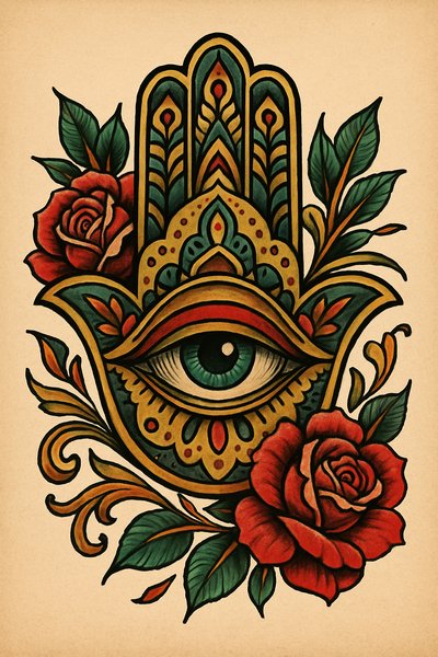 Colorful Hamsa Hand with Eye and Roses Illustration