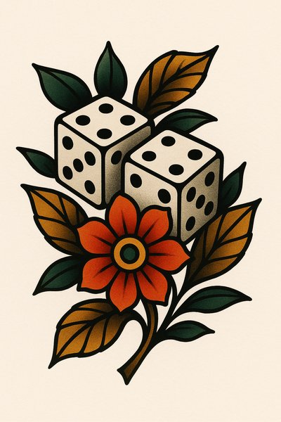 Stylized Tattoo Design Featuring Dice and Floral Elements