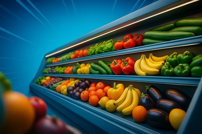Vibrant Display of Fruits and Vegetables in Supermarket Fridge