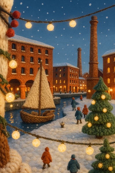 Knitted Albert Dock in Snow: A Festive 3D Scene