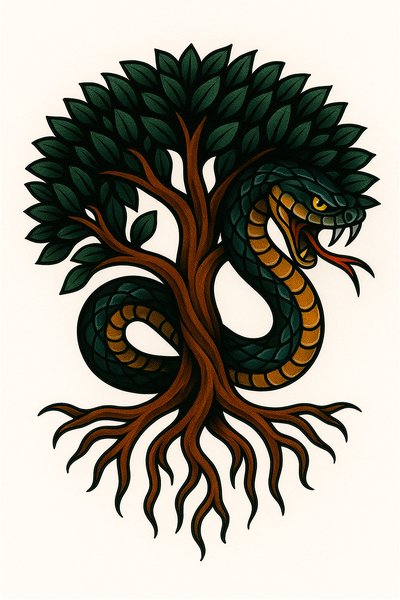 Intricate Tree and Snake Illustration with Dark Colors