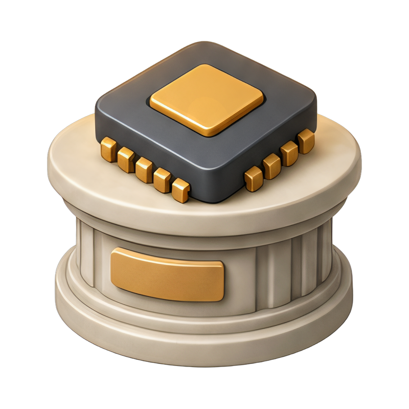 Glowing chip on museum pedestal