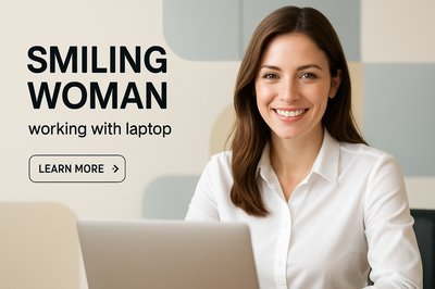 Professional Office Portrait of a Smiling Woman Working on Laptop
