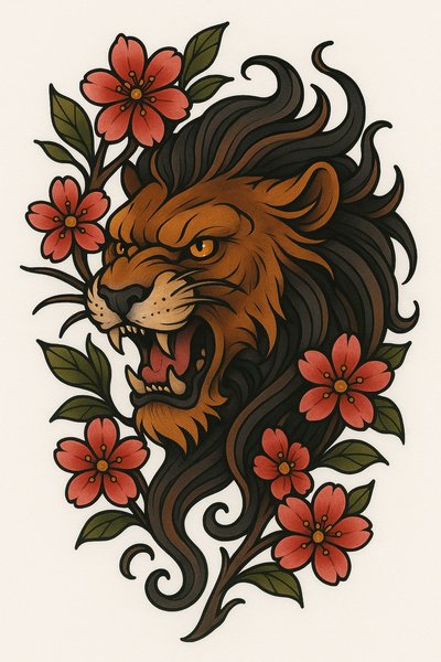 Vibrant Lion Illustration Surrounded by Floral Elements