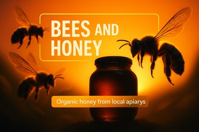 Artistic depiction of bees and honey in warm tones