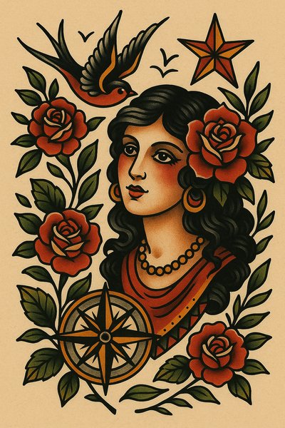 Vintage-inspired tattoo art featuring a woman with roses and a bird
