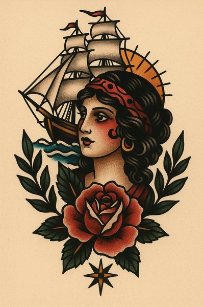 Vintage tattoo style illustration of a woman with a ship and rose