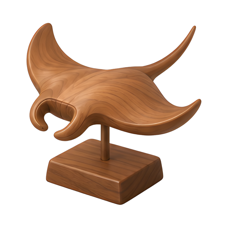 intricate wooden manta ray sculpture