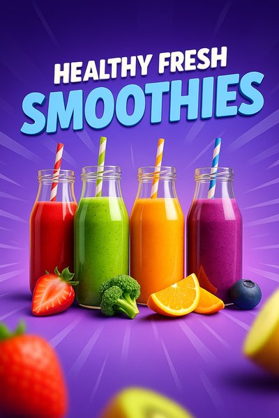 Vibrant Row of Healthy Fresh Smoothies in Colorful Bottles