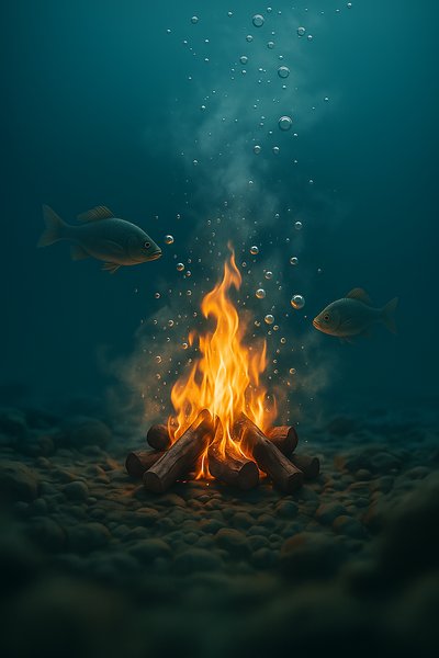 Underwater Campfire with Fish and Bubbles