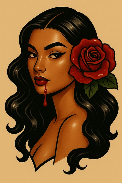 Stylized Portrait of a Girl with a Blood-Dripping Rose
