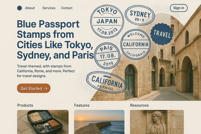 Travel Landing Page Design Featuring Blue Passport Stamps
