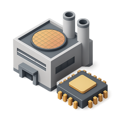 Stylized 3D Icon of a Semiconductor Factory and Chip