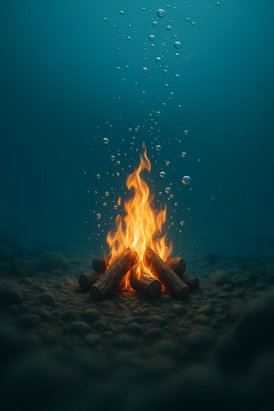 Underwater Campfire with Bubbles and Logs