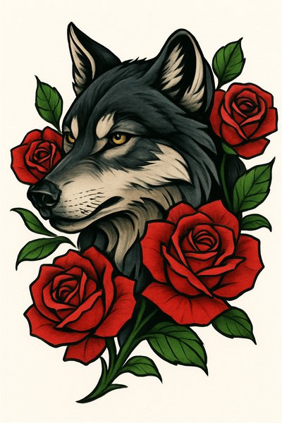 Artistic Illustration of a Wolf Surrounded by Roses