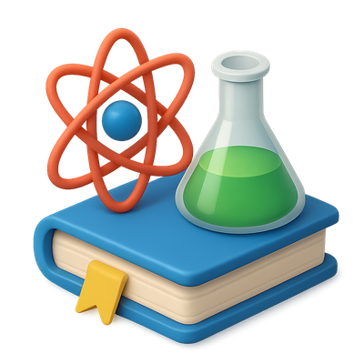 Colorful 3D Science Icon Featuring a Book and Laboratory Equipment