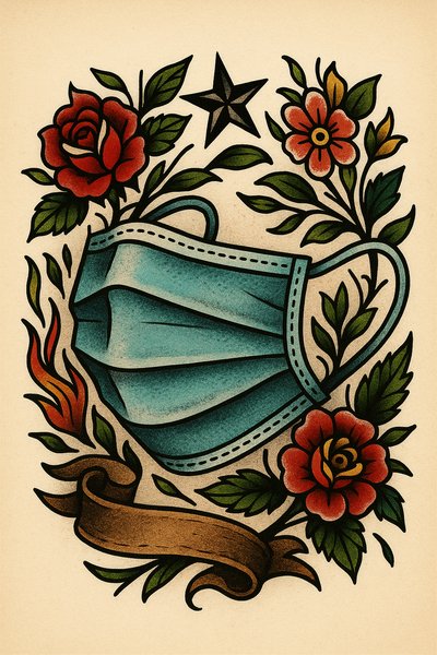 Tattoo-style illustration of a face mask with flowers