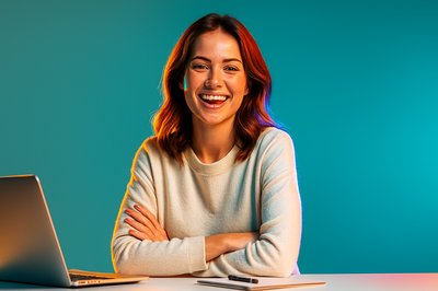 Happy Woman Smiling in Office Setting with Vibrant Background