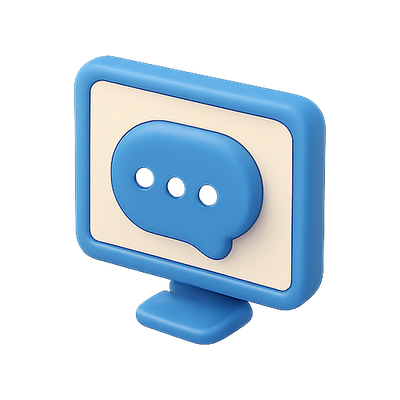 3D Computer Screen Icon with Speech Bubble Design