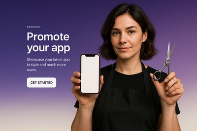 Hairdresser Holding Phone and Scissors for App Promotion