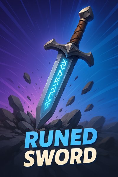 Dynamic Runed Sword Illustration with Bold Typography