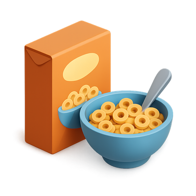 3D Cereal Icon with Bowl and Box Design