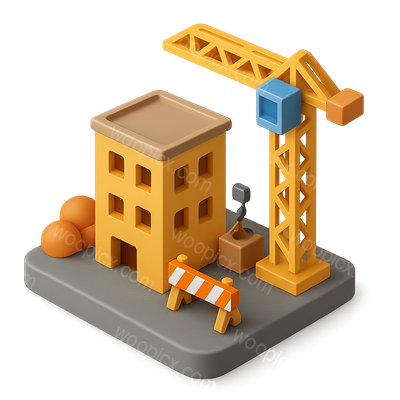 3D Building Site Icon with Crane and Barriers