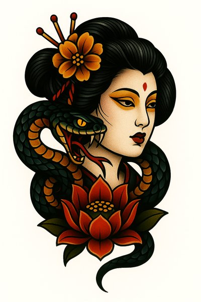 Elegant Tattoo Art of a Woman with Snake and Lotus