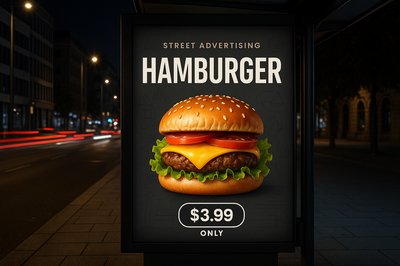 Dynamic Night Billboard Featuring Hamburger Advertisement