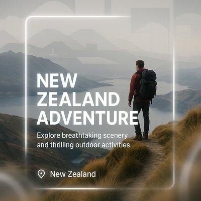 Adventure Travel Promotional Image Featuring Scenic New Zealand Landscape