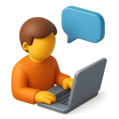 3D Icon of Person Using Laptop with Speech Bubble