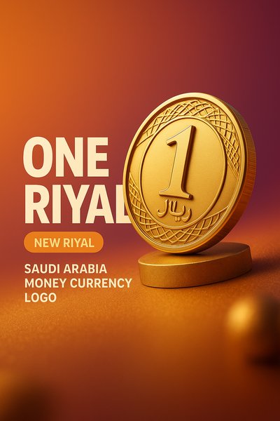 Stylized One Riyal Coin with Text Overlay