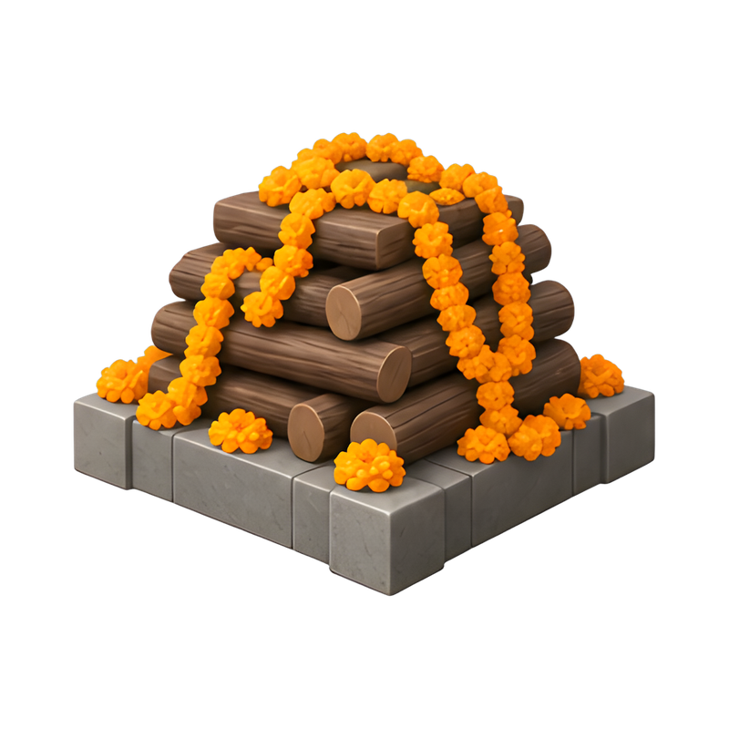 stacked cremation pyre with marigolds