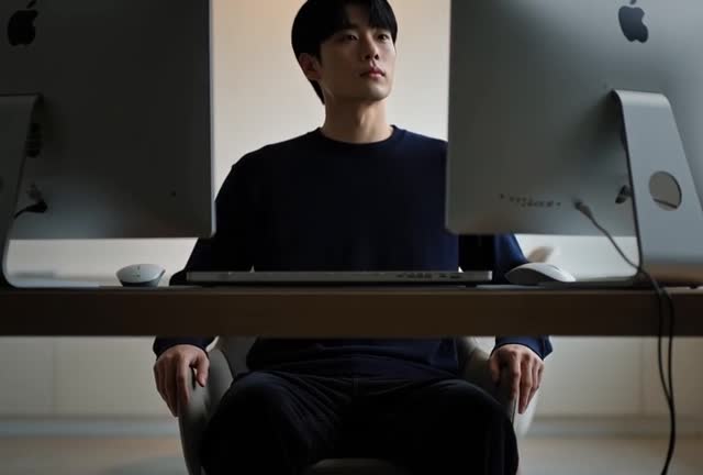 Contemplative Man at Computer in Creative Workspace