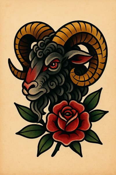Stylized Ram Head with Rose Artwork