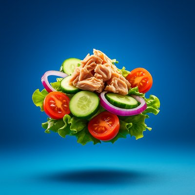 Vibrant Tuna Salad with Fresh Vegetables on Blue Background