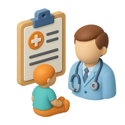 3D Icon of Child Checkup with Doctor and Medical Chart