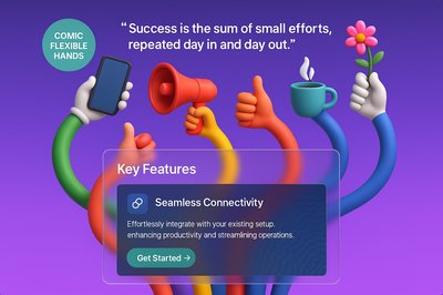 Colorful 3D Landing Page with Flexible Hands and Key Features