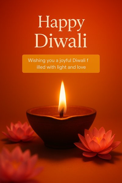 Warm Diwali Greeting with Lighted Diya and Flowers